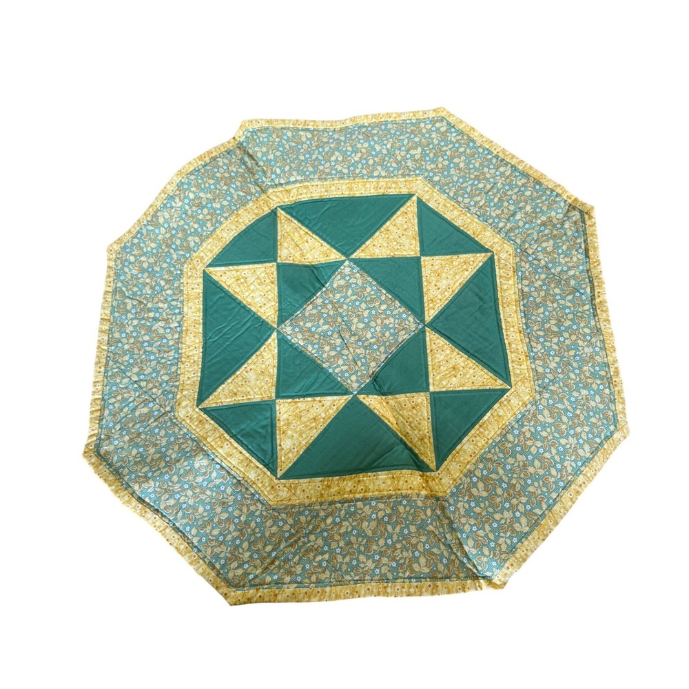 Handmade quilted green‎ and yellow patterned table topper 23.5 in. x 23.5 in.